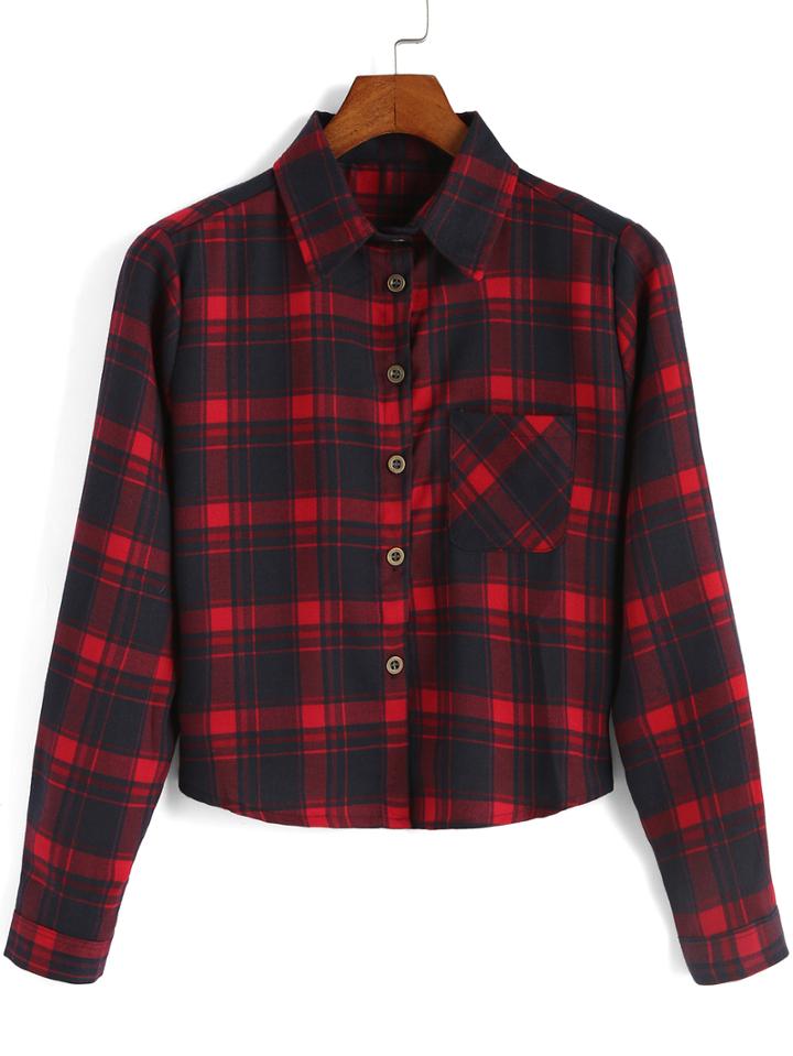 Romwe Red Black Lapel Plaid Pocket Crop Blouse