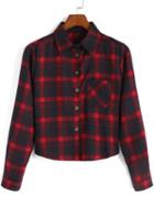 Romwe Red Black Lapel Plaid Pocket Crop Blouse