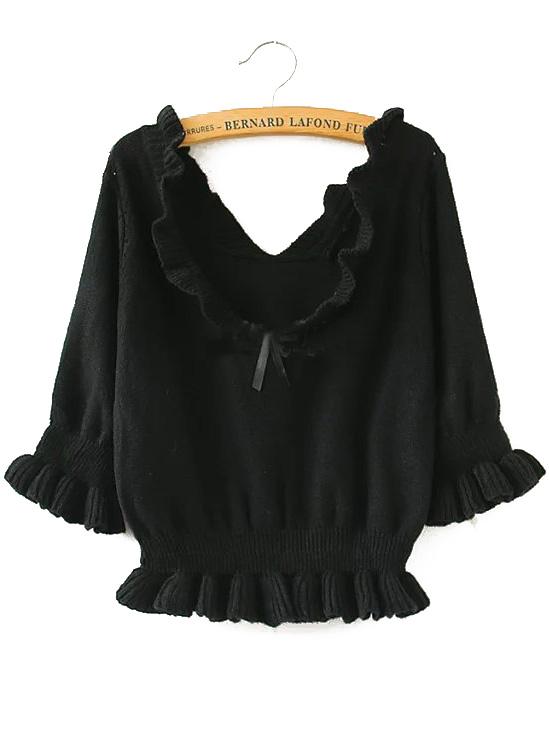 Romwe V Neck Half Sleeve Fungus Hem Black Sweater