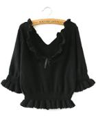 Romwe V Neck Half Sleeve Fungus Hem Black Sweater