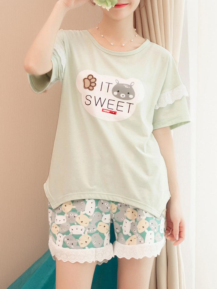 Romwe Cartoon Print Top & Shorts Pj Set