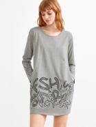 Romwe Light Grey Letters Print Rhinestone Shift Dress