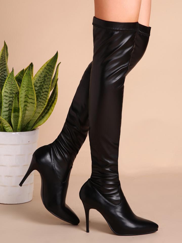Romwe Black Faux Leather Point Toe Thigh High Stiletto Boots