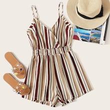 Romwe Striped Shirred Waist Cami Romper