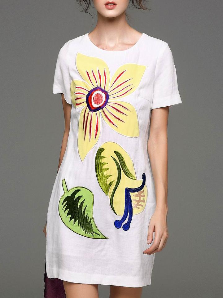 Romwe White Crew Neck Flowers Embroidered Dress