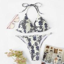 Romwe Random Pattern Self Tie Bikini Set