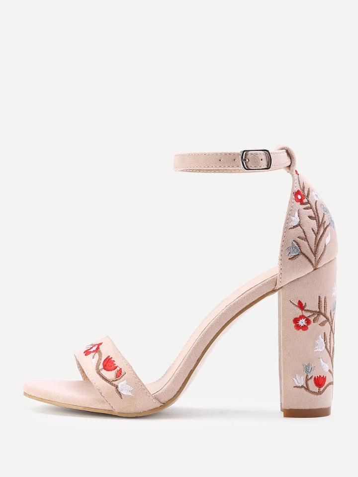 Romwe Calico Embroidery Two Part Block Heeled Sandals
