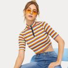 Romwe Half Zip Striped Stand Collar Crop Tee