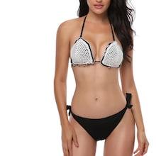 Romwe Lettuce Trim Crochet Top With Tie Side Bikini Set