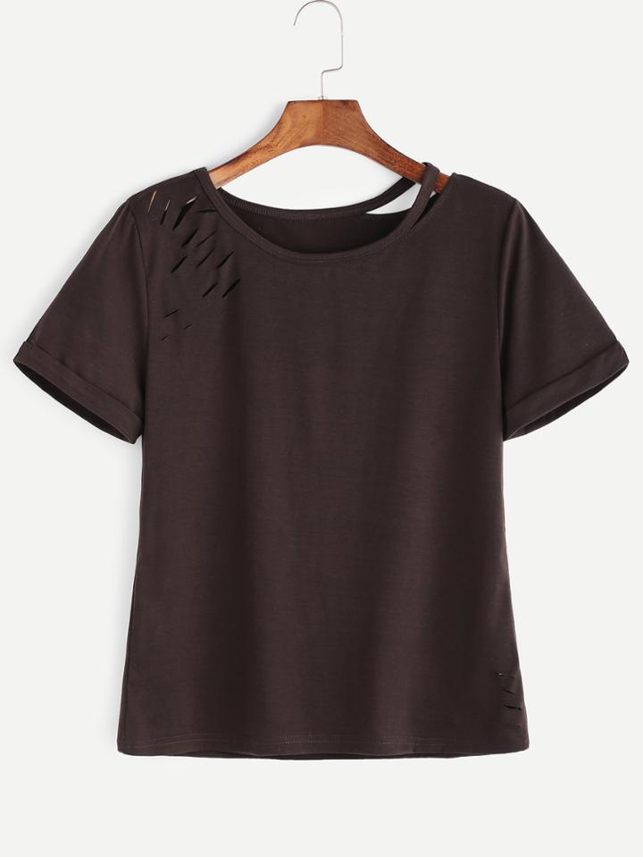 Romwe Brown Cut Out Neck Ripped Cuffed T-shirt