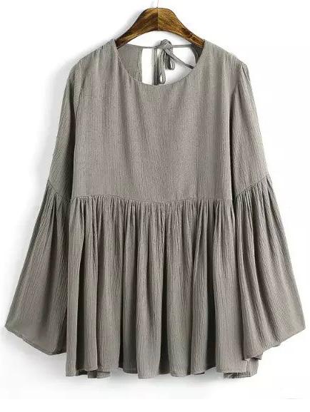 Romwe Khaki Bell Sleeve Knotted Loose Blouse