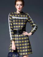 Romwe Yellow Round Neck Long Sleeve Drawstring Geometric Print Dress