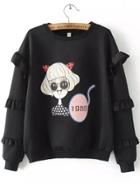 Romwe Black Cartoon Print Ruffle Sleeve Sweatshirt