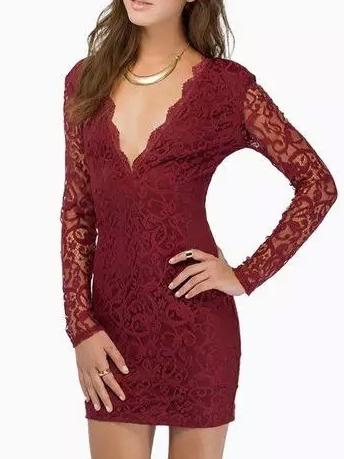 Romwe Deep V Neck Long Sleeve Lace Bodycon Dress