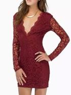 Romwe Deep V Neck Long Sleeve Lace Bodycon Dress