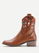 Romwe Calico Embroidered Block Heeled Ankle Boots