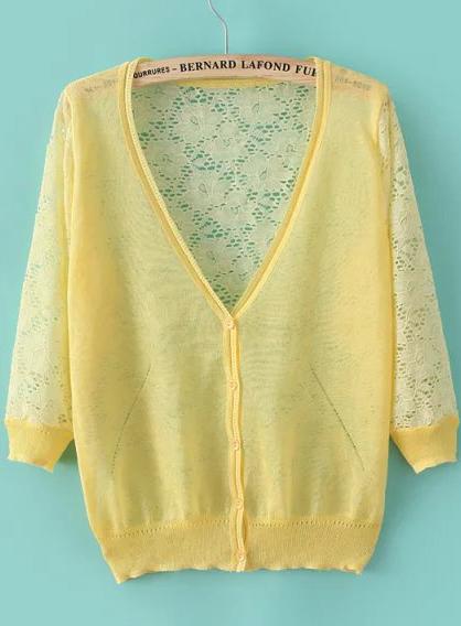 Romwe Back Lace Hollow Yellow Cardigan