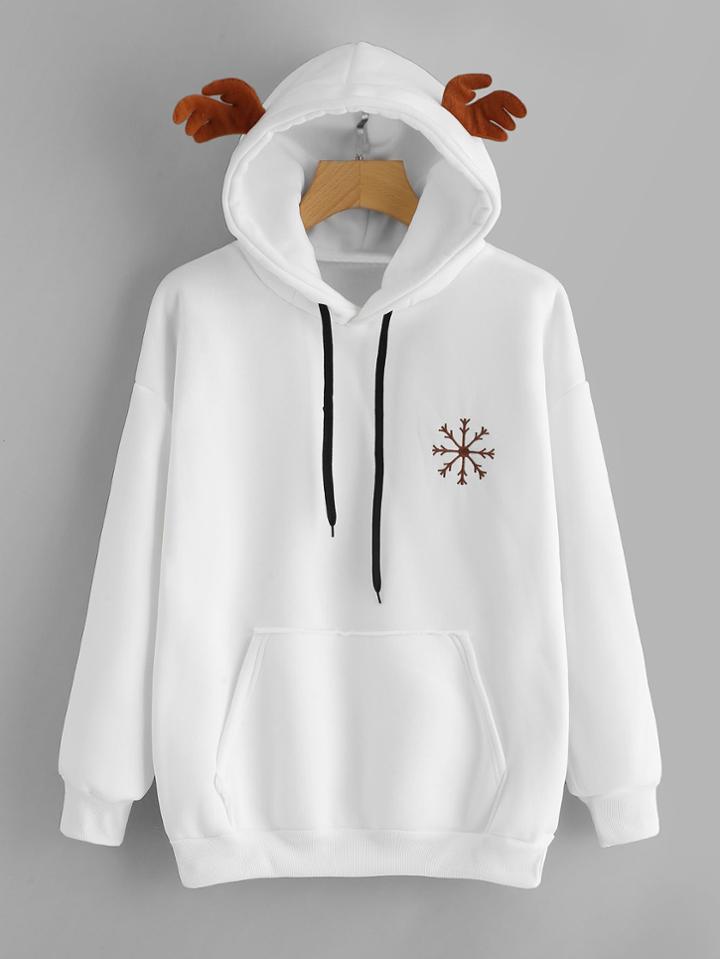 Romwe Elk Ear Hooded Slogan Embroidered Sweatshirt