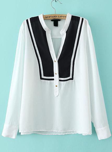 Romwe Stand Collar Color-block With Buttons Chiffon Top