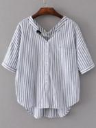 Romwe White And Grey Vertical Striped Double V Neck High Low Blouse