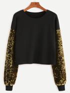 Romwe Black Drop Shoulder Embroidered Sequin Sleeve Sweatshirt