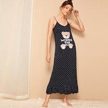 Romwe Bear Print Polka Dot Ruffle Cami Dress