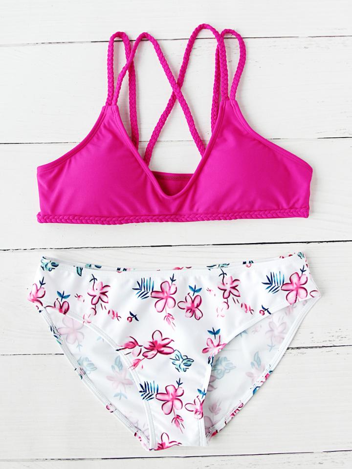 Romwe Calico Print Braided Strap Mix & Match Bikini Set