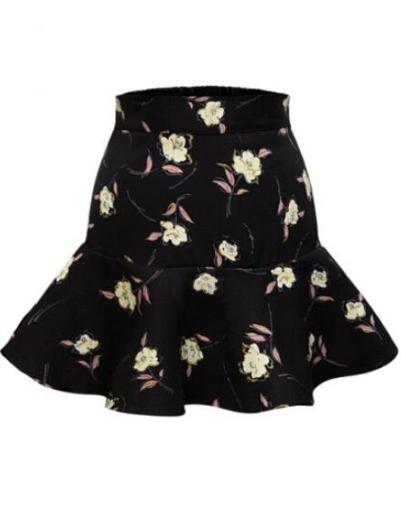 Romwe Elastic Waist Flower Print Peplum Hem Skirt