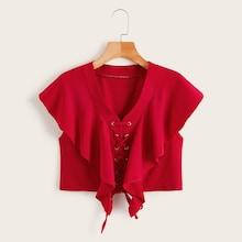 Romwe Ring Lace Up Ruffle Trim Blouse