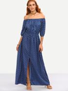 Romwe Off-the-shoulder Slit Front Printed Dress - Blue