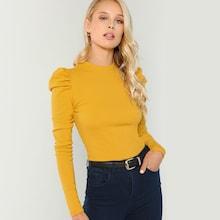 Romwe Mock Neck Puff Sleeve Rib Knit Tee