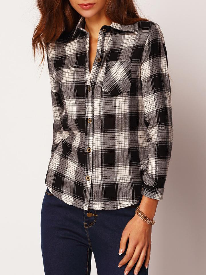 Romwe Lapel Plaid Blouse With Pocket