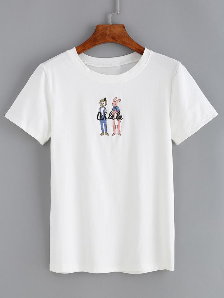 Romwe Rabbit Embroidered White T-shirt