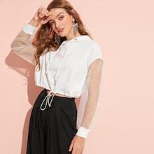 Romwe Mesh Sleeve Letter Print Drawstring Hoodie