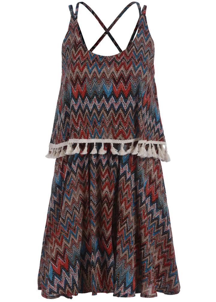 Romwe Back Criss Cross With Tassel Geometric Print Dress