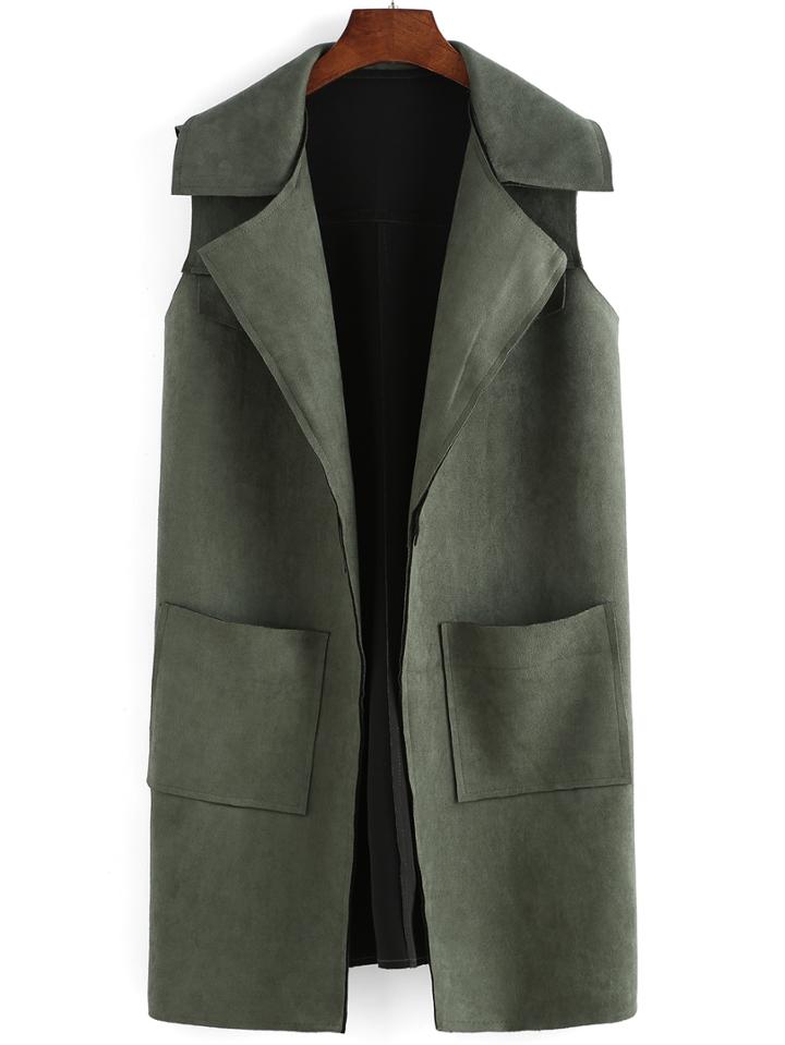 Romwe Lapel Pockets Suede Long Vest