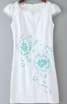 Romwe Cap Sleeve With Sequined Embroidered Straight White Dress