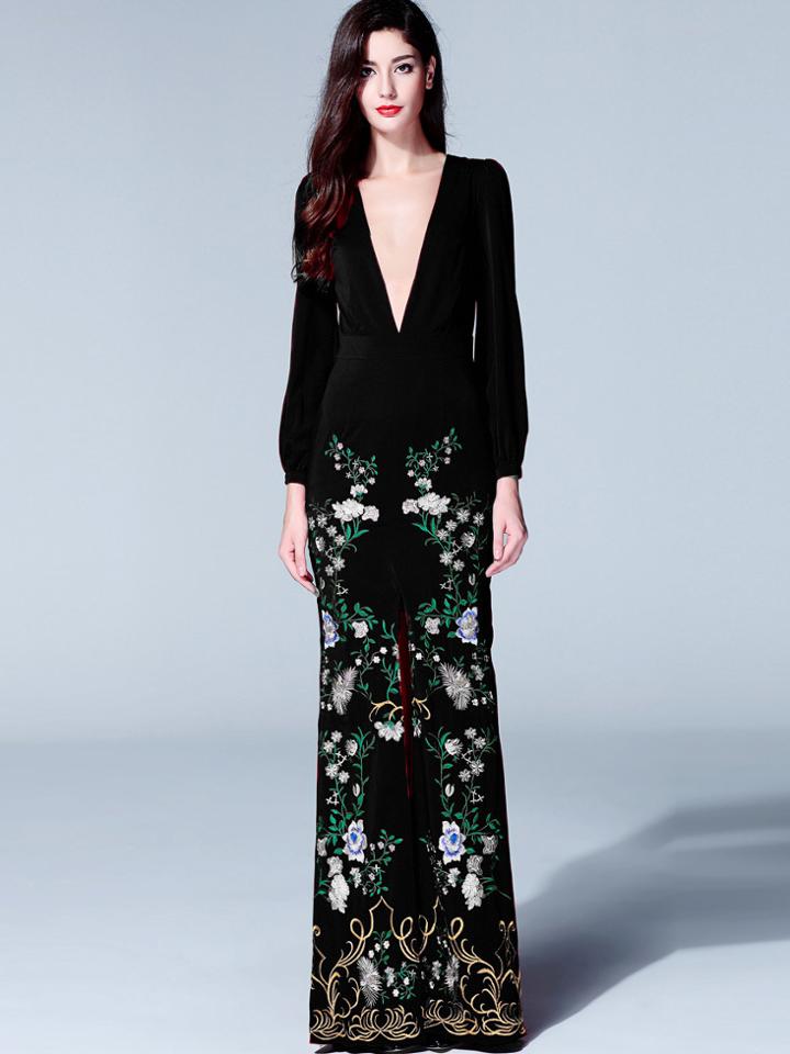 Romwe Black V Neck Long Sleeve Thigh Split Print Dress