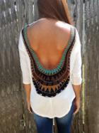 Romwe Open Back Geometric Print White T-shirt