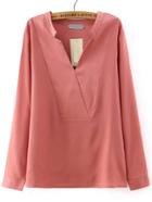 Romwe Women V Neck Pink Blouse