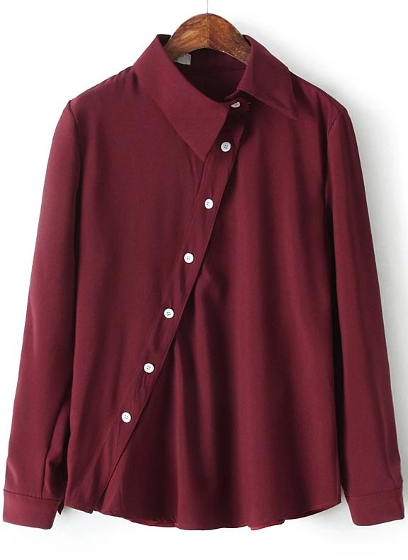 Romwe Wine Red Lapel Oblique Buttons Loose Blouse
