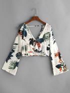 Romwe Plunging V Neckline Palm Leaf Frill Trim Crop Top
