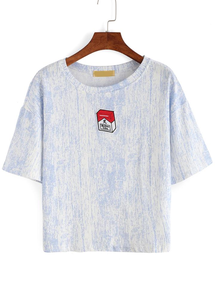 Romwe Embroidered Cigarette Box T-shirt - Blue