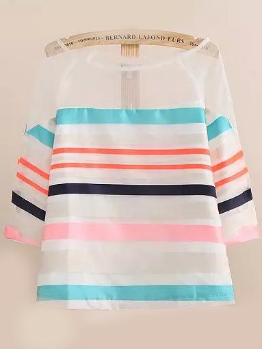 Romwe Scoop Neck Striped Organza Top