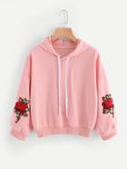 Romwe Drop Shoulder Rose Embroidered Applique Hoodie