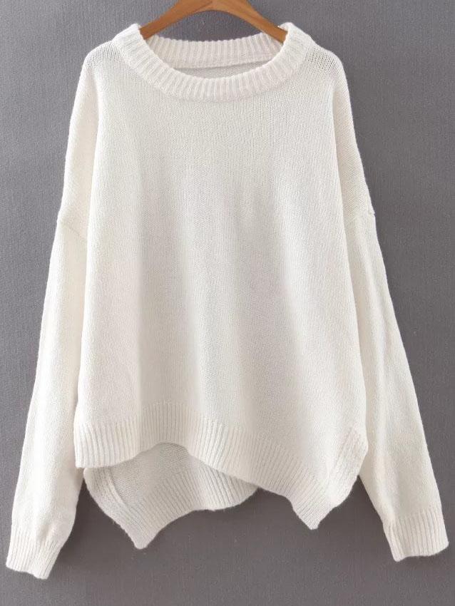 Romwe White Ribbed Trim Drop Shoulder Asymmetrical Knitwear