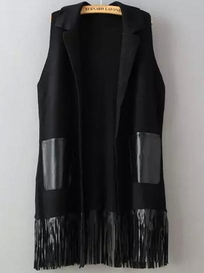 Romwe Contrast Pu Leather Pockets Tassel Black Sweater Vest