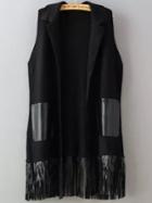 Romwe Contrast Pu Leather Pockets Tassel Black Sweater Vest