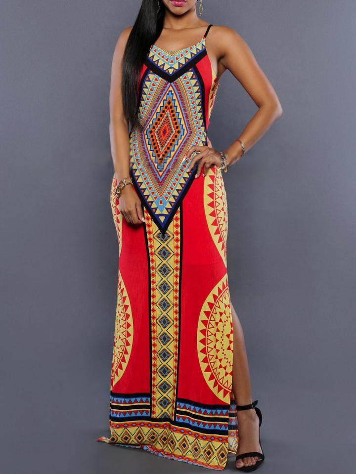 Romwe Spaghetti Strap Backless Geometric Print Split Dress