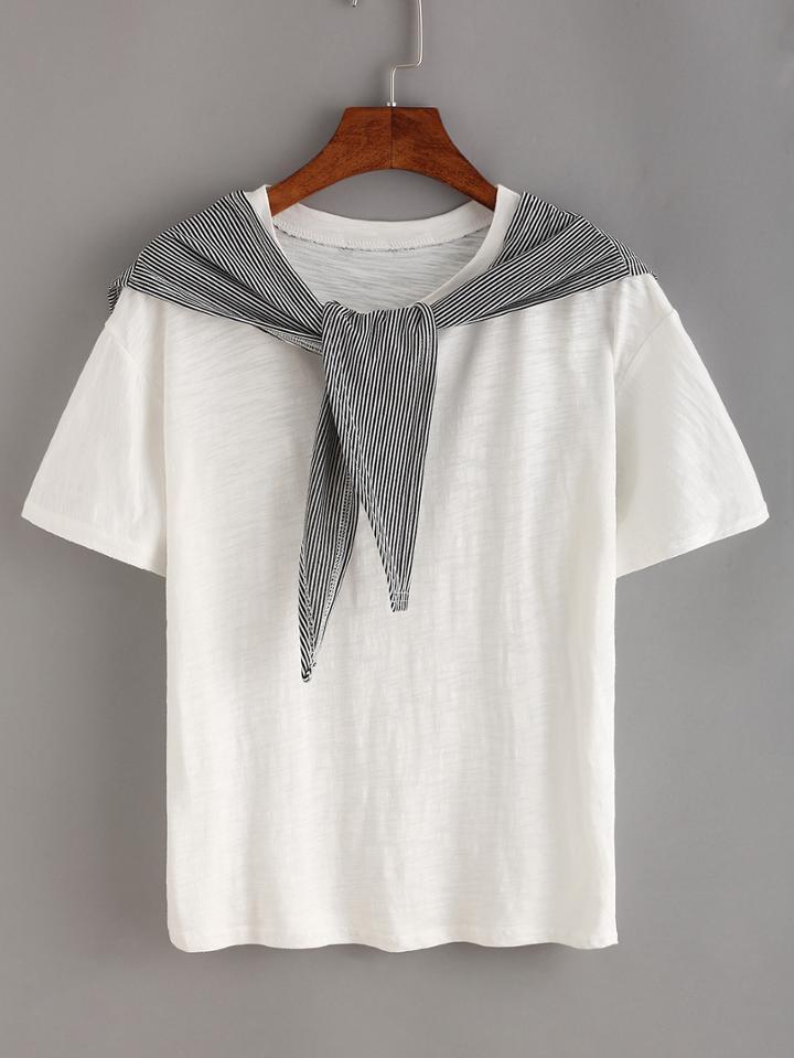 Romwe Striped Scarf Attached T-shirt